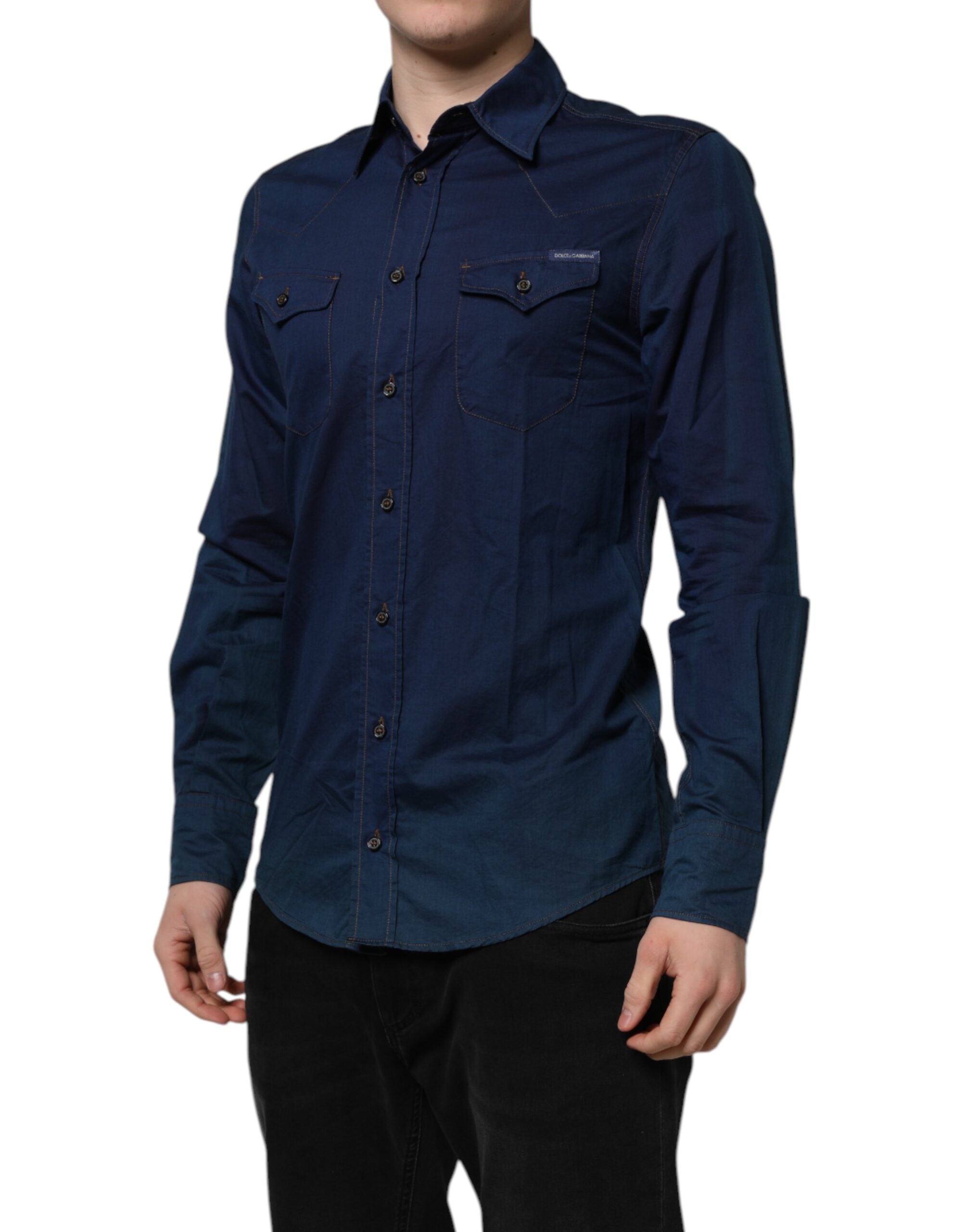 Dolce & Gabbana Blue Cotton GOLD Long Sleeve Casual Shirt